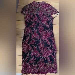 Elegant Black and Red Floral Lace Dress